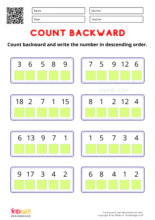 Fill In The Missing Number By Counting Backward Worksheet