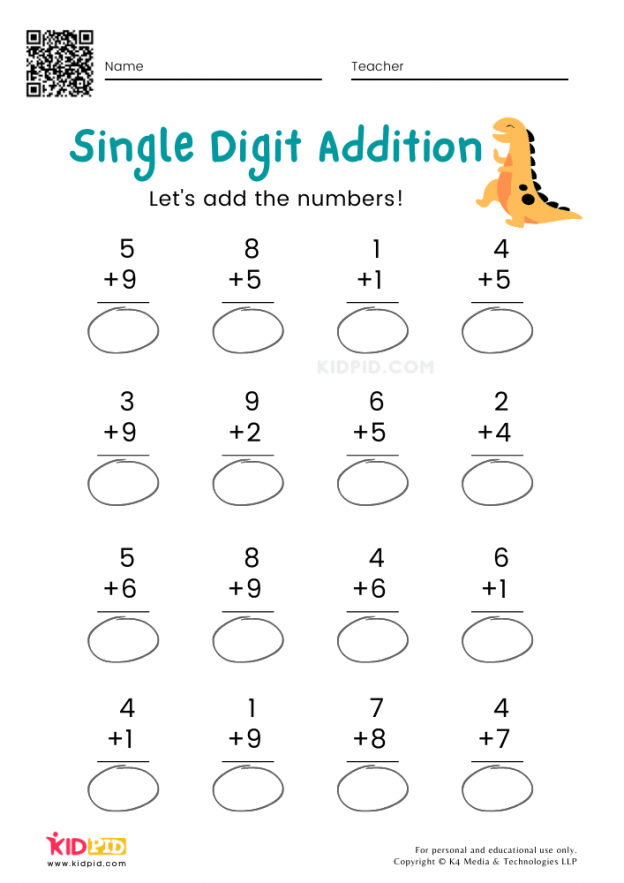 Single digit Addition Math Worksheets Free Printables Kidpid