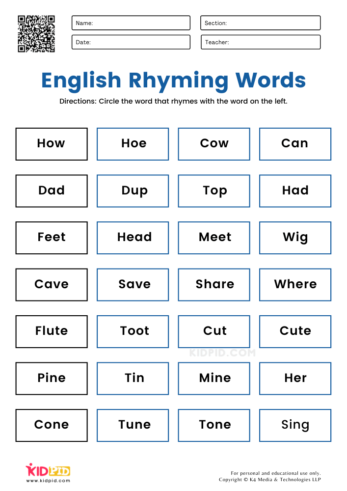 English Rhyming Words Worksheets 5 