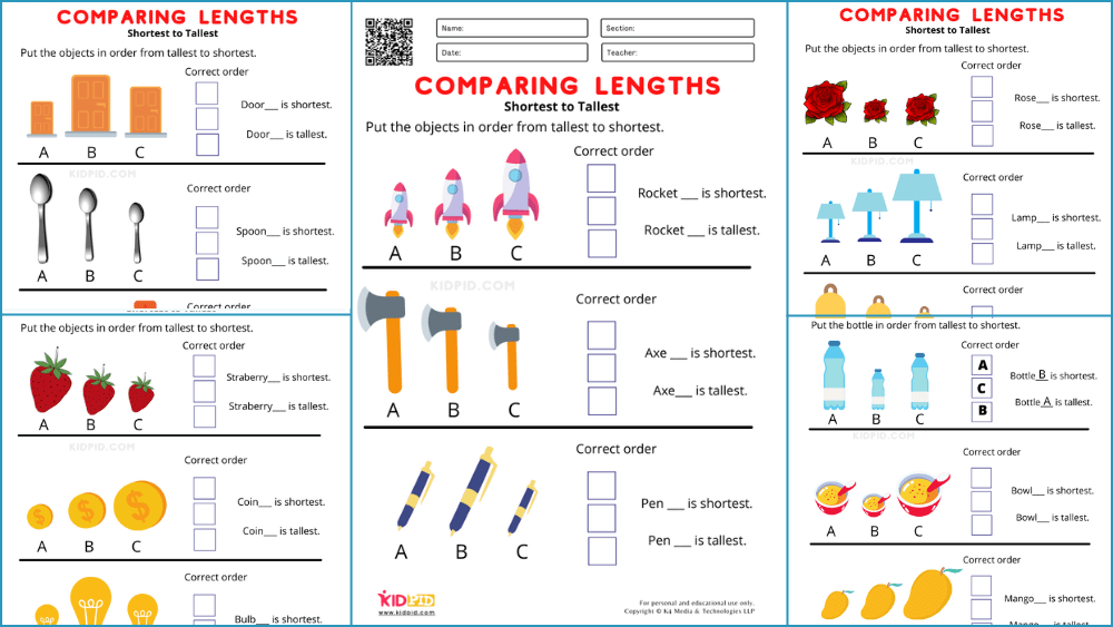 Shortest to Tallest Comparing lengths Worksheets for Grade I - Kidpid