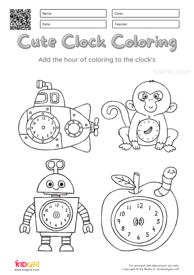 Cute Clock Coloring Activity Worksheets for Kids - Kidpid
