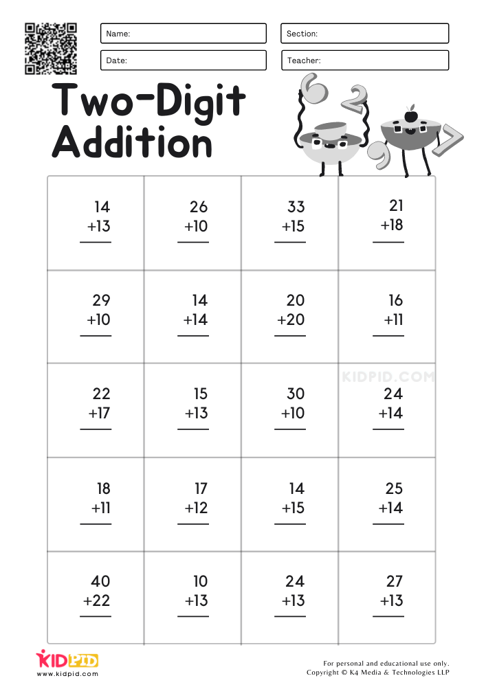 Math Worksheets Adding Two Digit Numbers