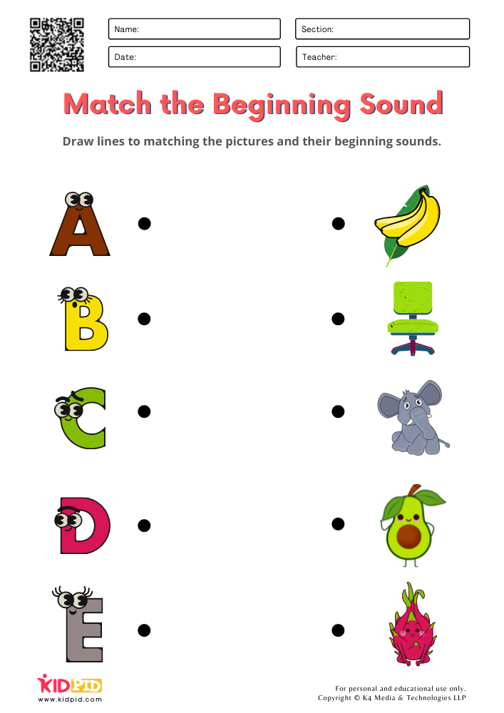 'Match the Beginning Sound' Phonics Worksheets for Kindergarten - Kidpid