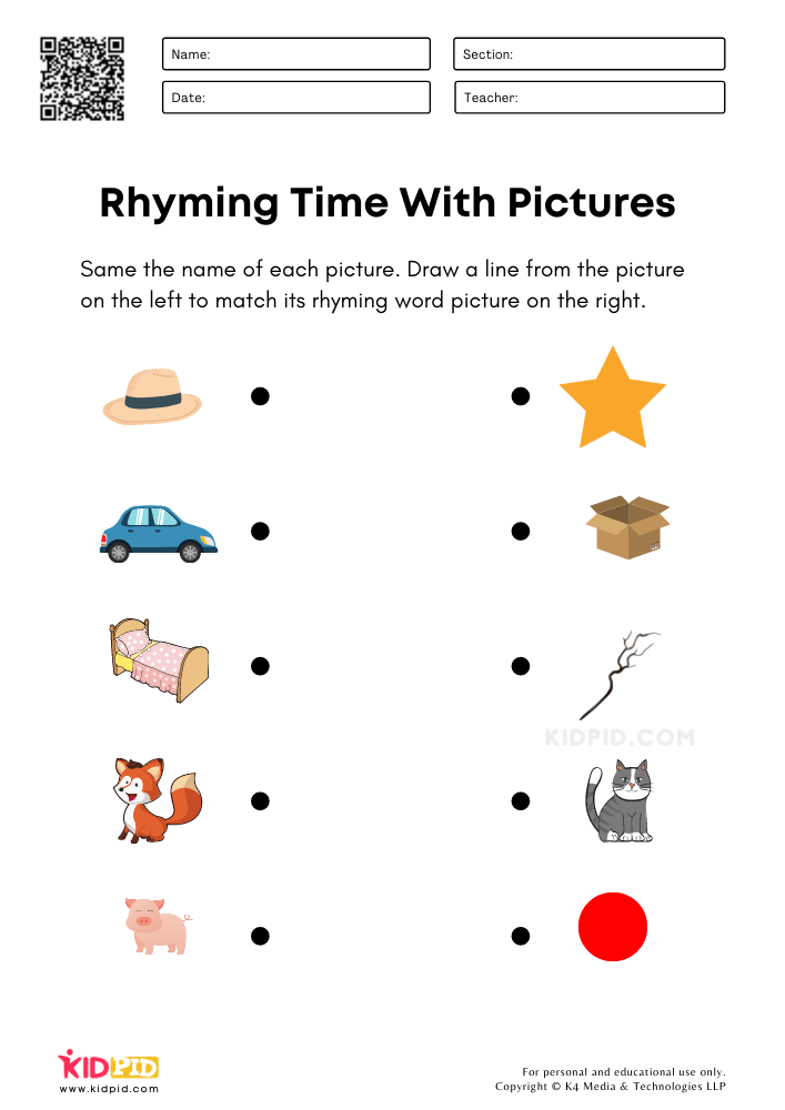 Matching Rhyming Words Worksheets for Kindergarten Kidpid