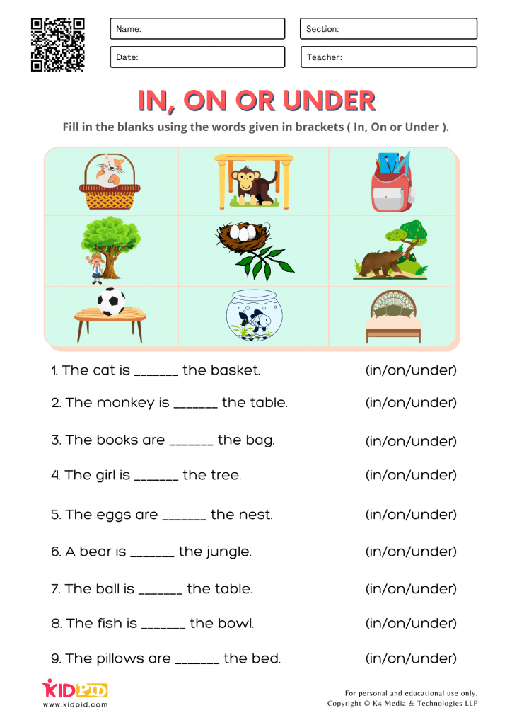 Preposition Worksheets for Kindergarten - Kidpid
