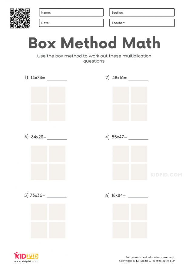 2 Digit By 2 Digit Multiplication Box Method Worksheets