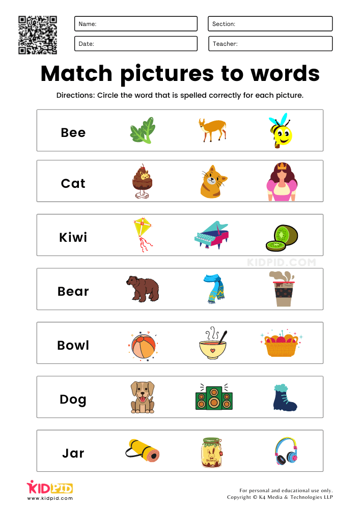 Match Picture to Word Worksheets for Grade 1 - Kidpid