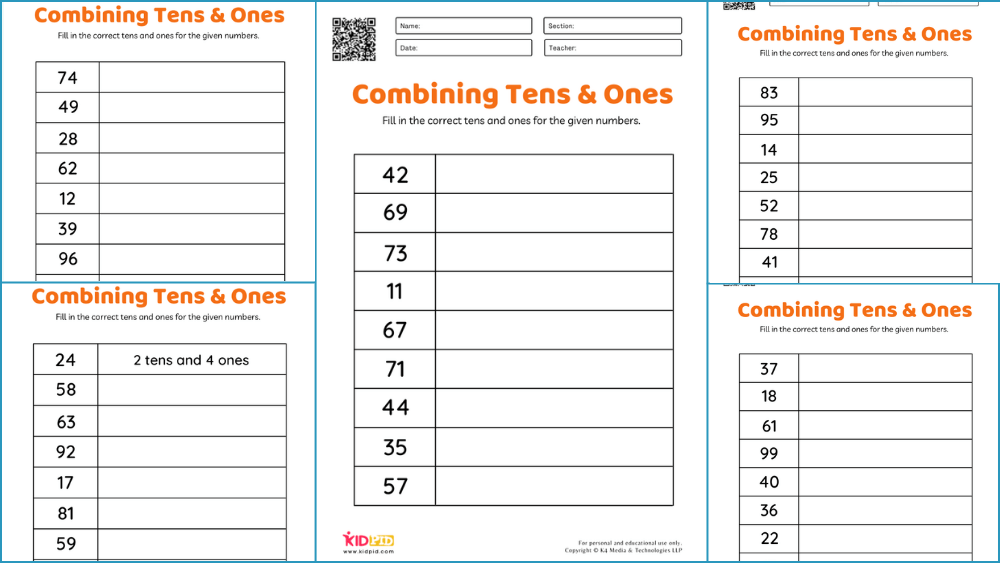 Combining Tens and Ones Place Value Worksheets for Grade 1 - Kidpid