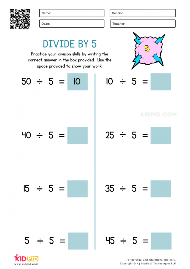 Divide by 5 Printable Worksheets - Kidpid