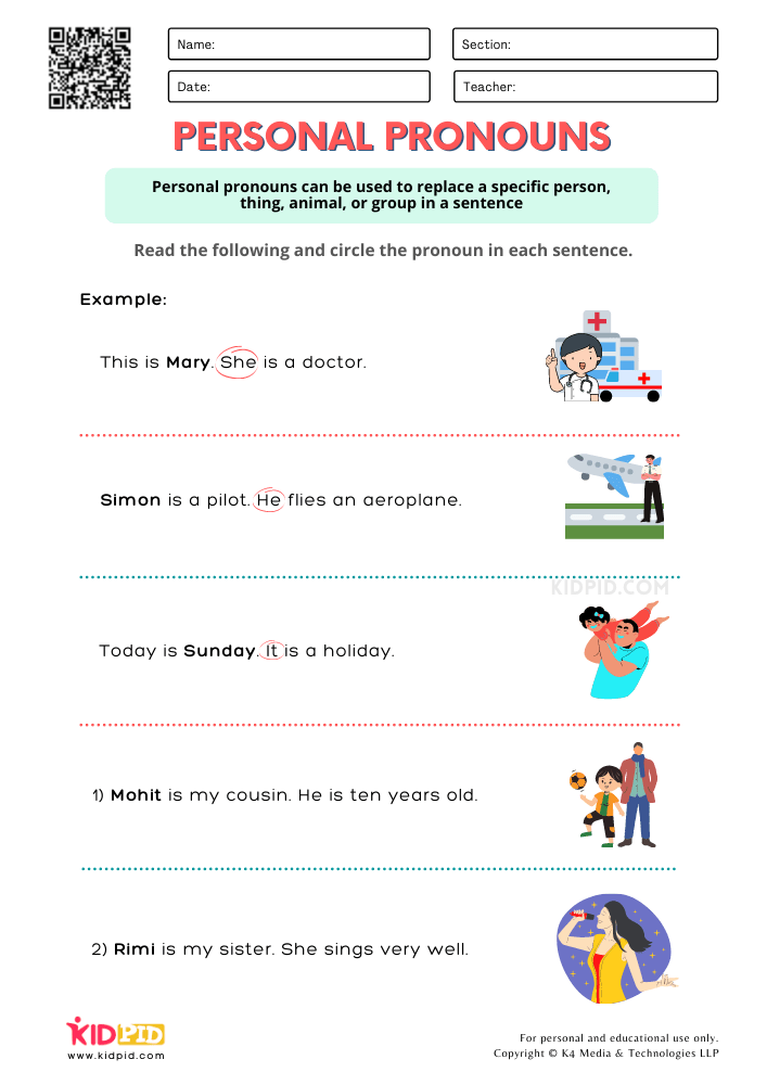 Personal Pronouns Worksheets For Preschool