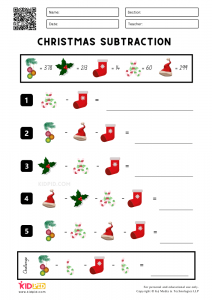 Christmas Subtraction Printable Worksheets for Grade 3 - Kidpid