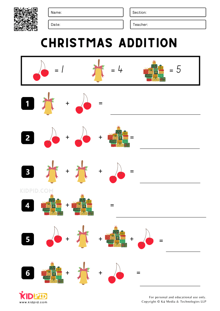 Christmas Addition Printable Worksheets For Grade 1 Kidpid