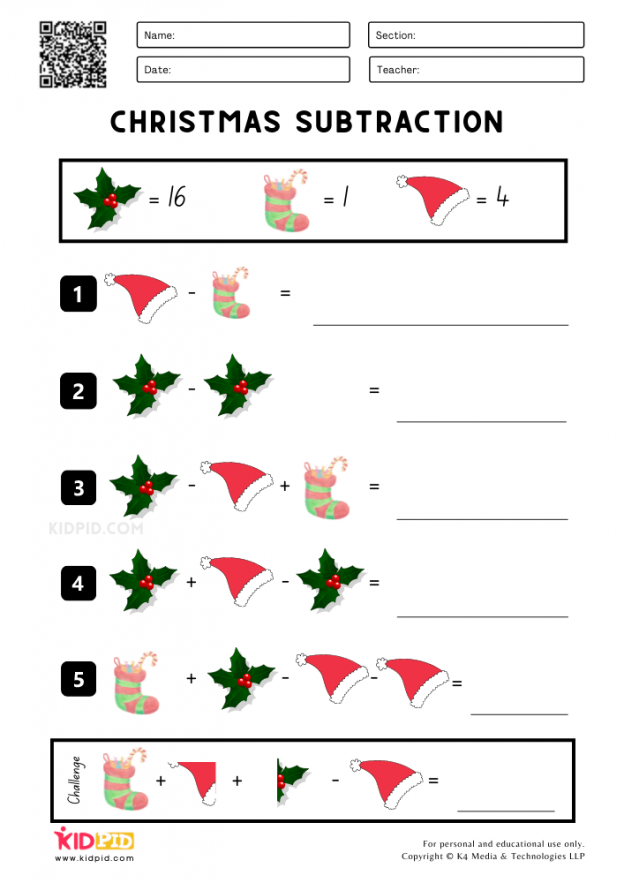 Christmas Subtraction Printable Worksheets for Grade 2 - Kidpid