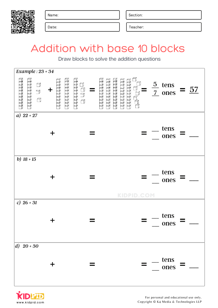 Addition With Base 10 Blocks Printable Worksheets For Grade 1 Kidpid