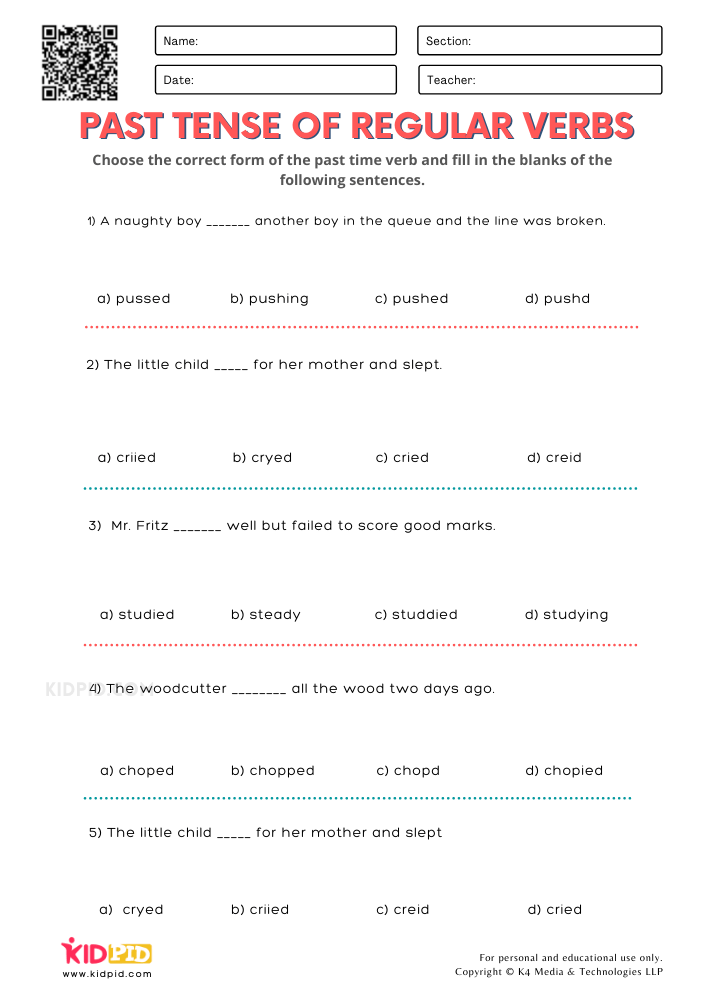 Past Simple Worksheet Grade Regular Verbs