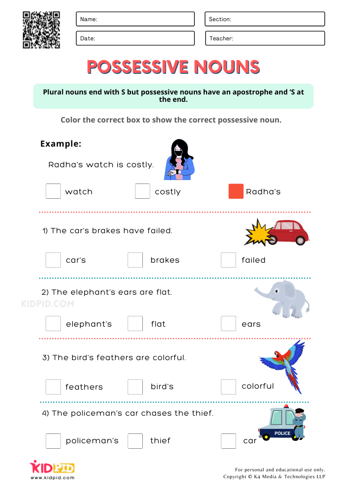 Possessive Nouns Worksheets With Answers Pdf Grade 4