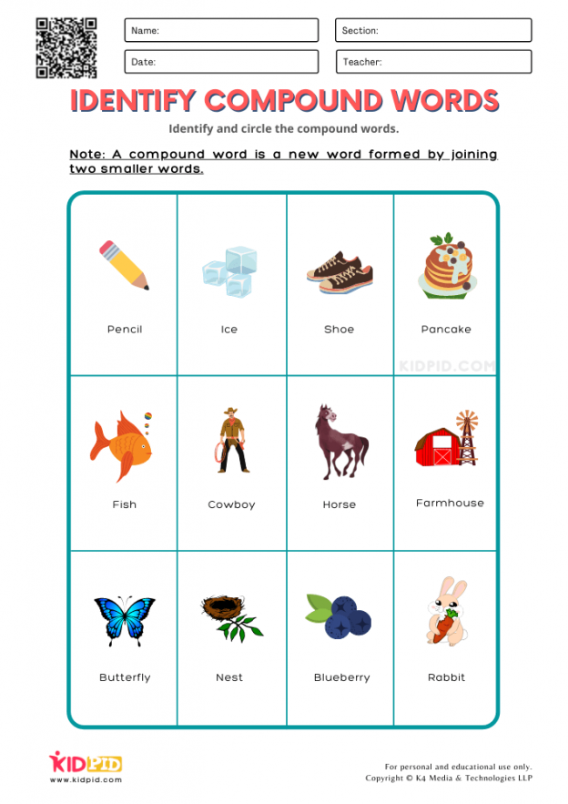 Identify Compound Words Printable Worksheets for Grade 1 - Kidpid
