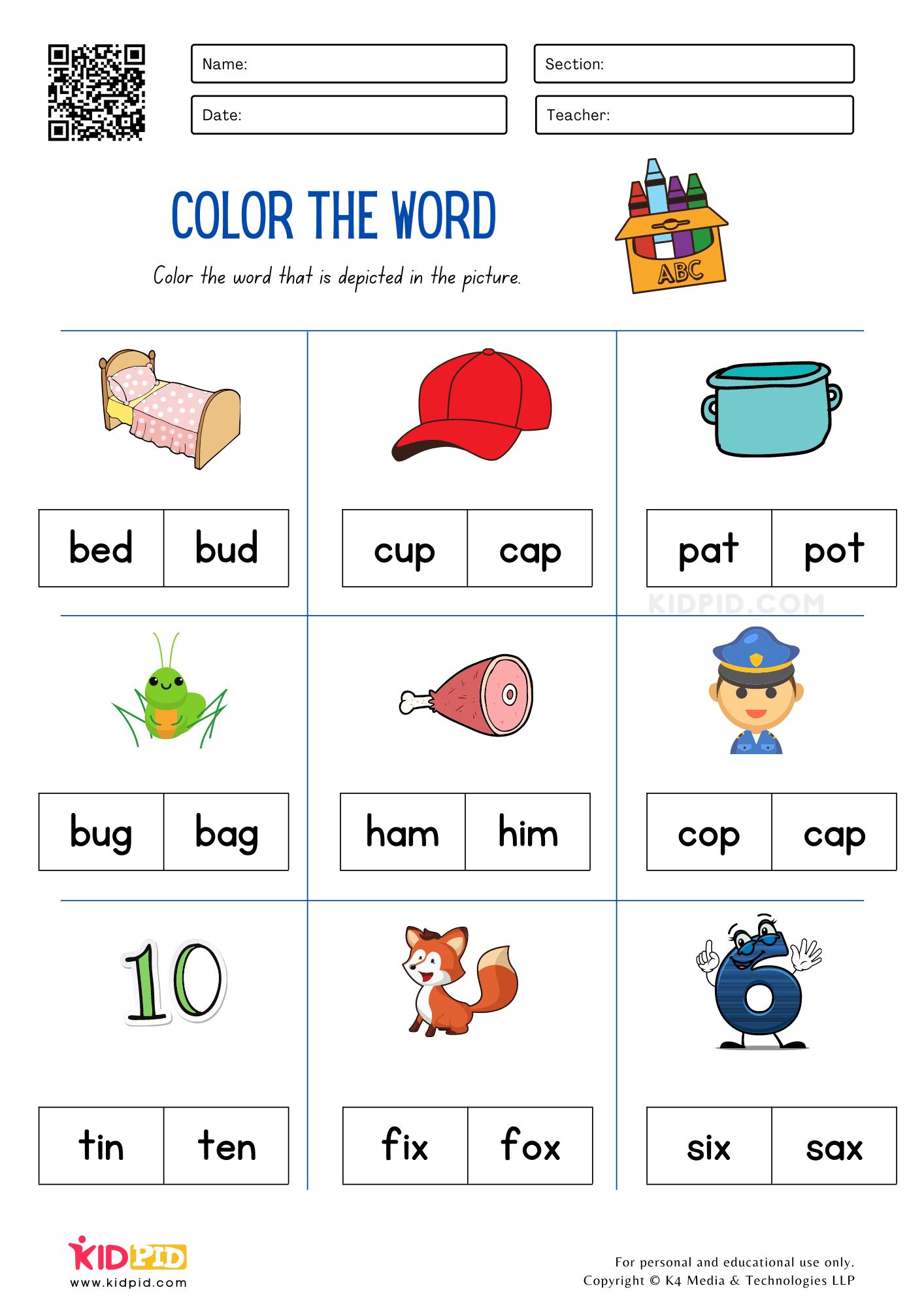 CVC Color the Word Worksheets for Kids - Kidpid