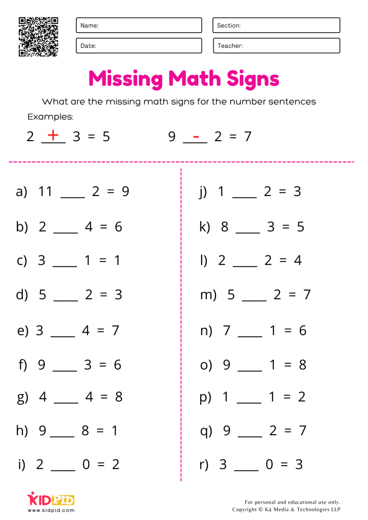 Missing Maths Signs Plus Or Minus Printable Worksheets For Grade 1 Kidpid