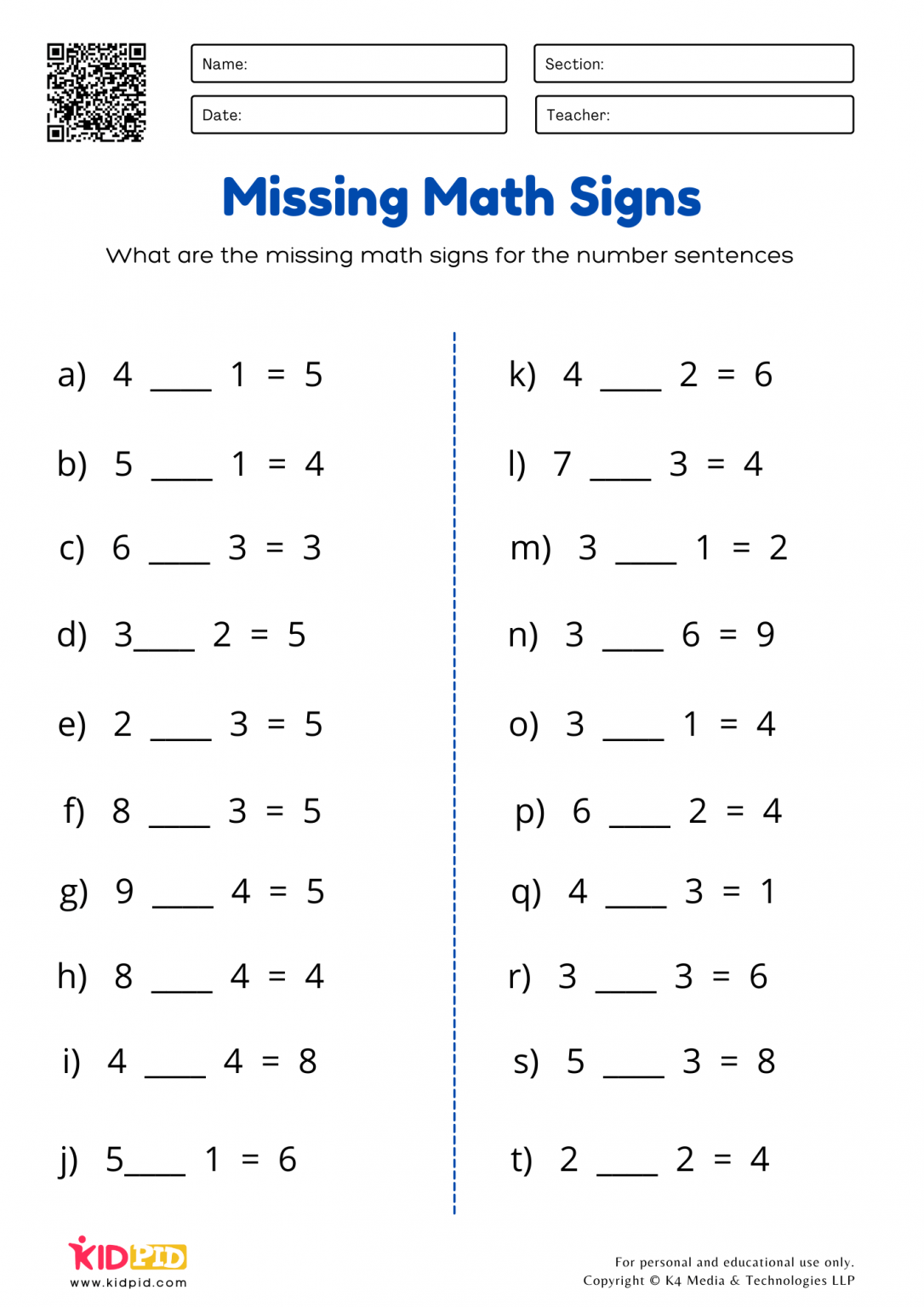 Missing Maths Signs Plus Or Minus Printable Worksheets For Grade 1 Kidpid