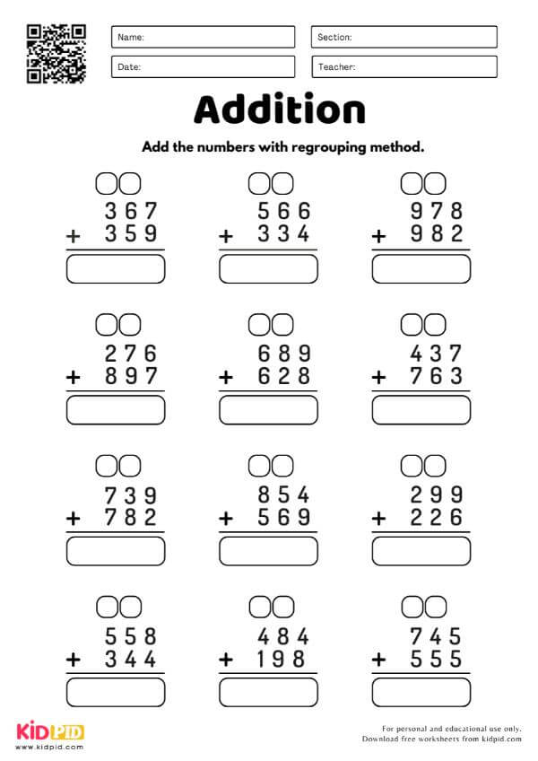 Addition Worksheets with Regrouping Method