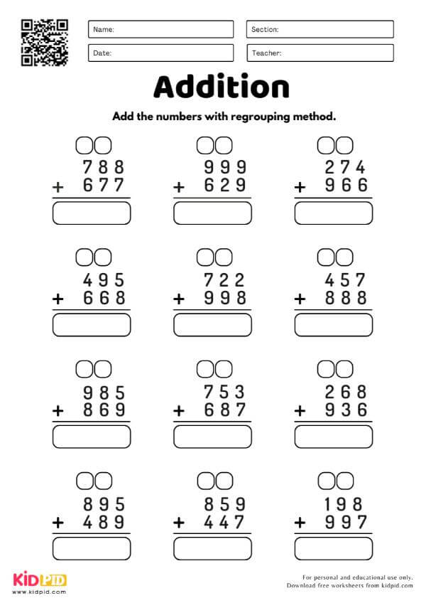 Addition Worksheets with Regrouping Method