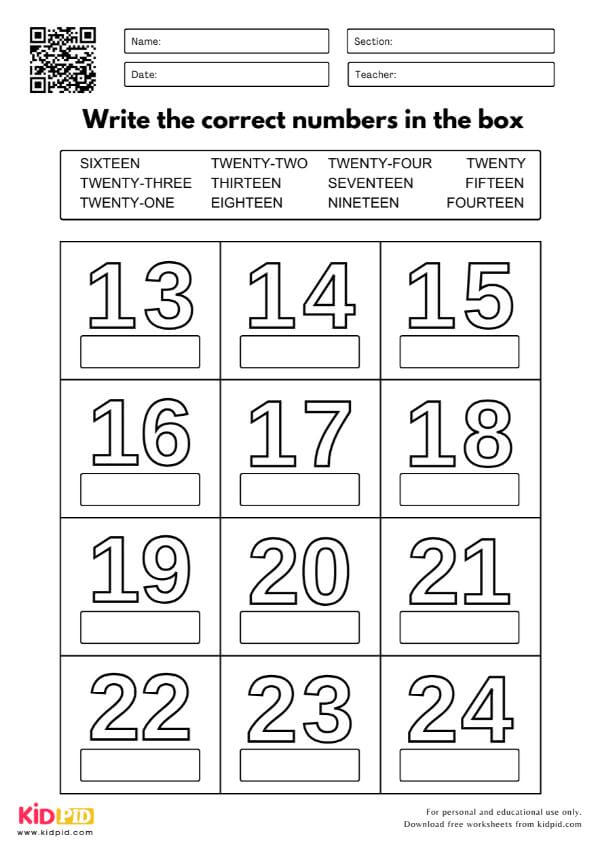 Write the Correct Number From 13 To 24 