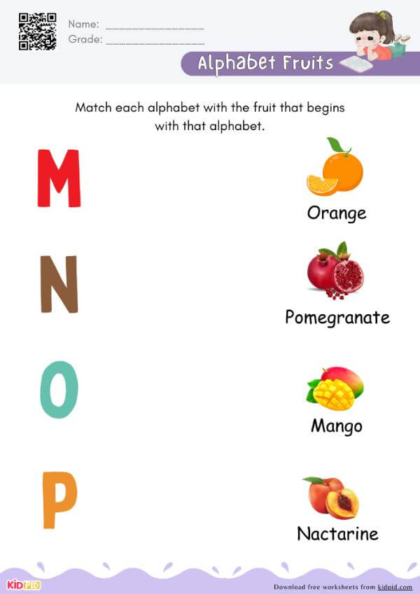 Alphabet Fruit Matching Worksheet For Preschool