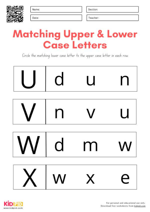 A-Z Upper and Lower Case Letter Matching Worksheet for Preschool
