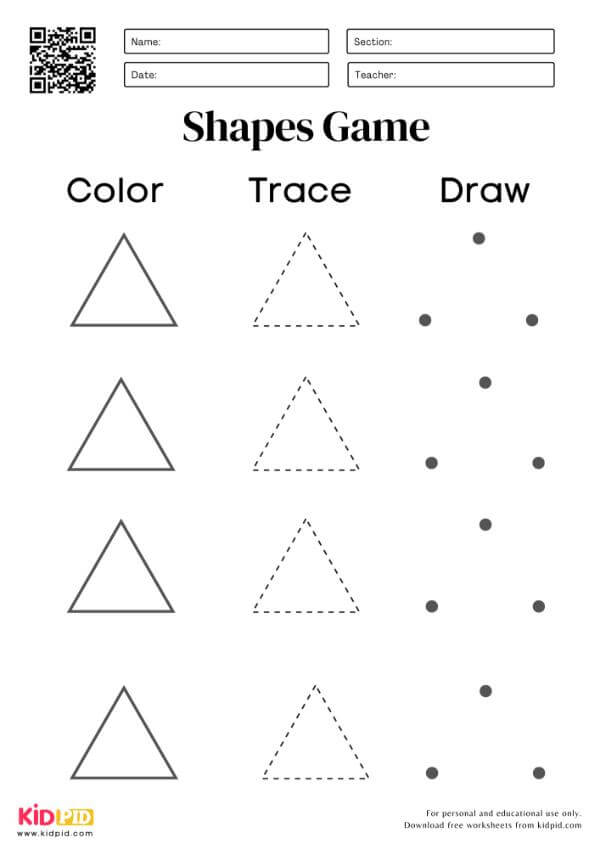 Color, Trace & Draw Shapes Game Activity Worksheet