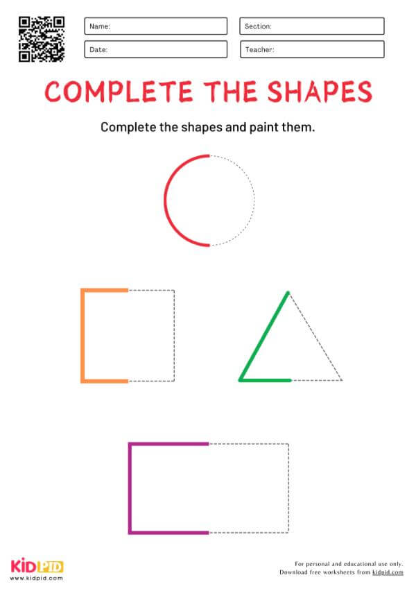 Complete The Shapes & Paint Them Worksheet For Preschool