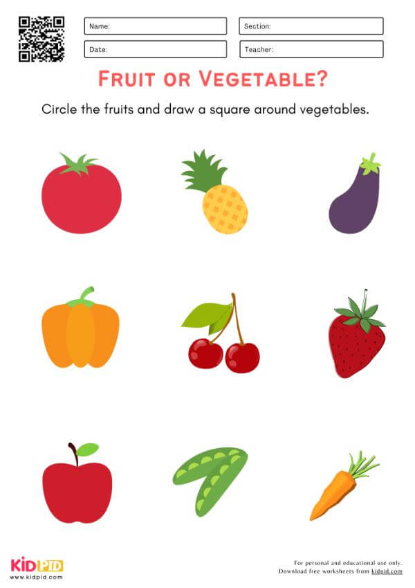 Identify Fruit and Vegetable Worksheet For Preschool