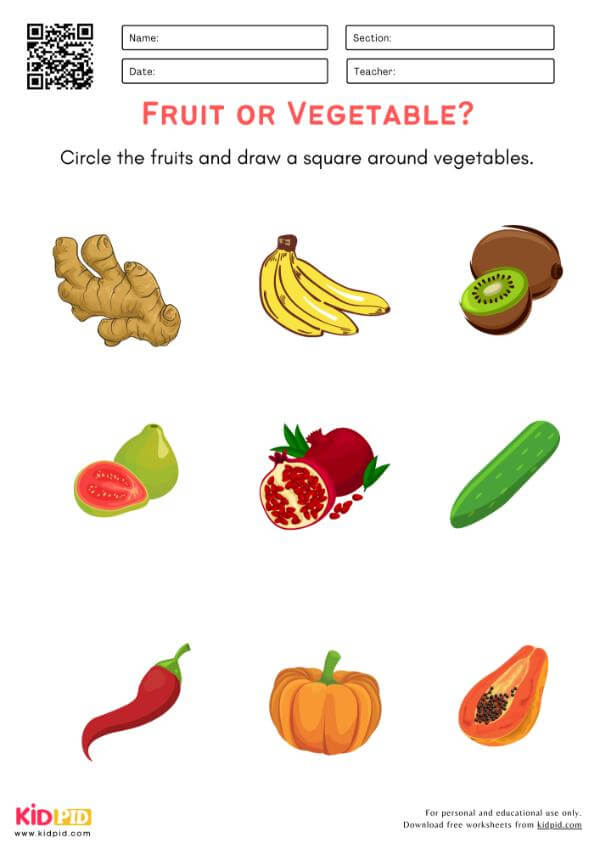 Identify Fruit and Vegetable Worksheet For Preschool