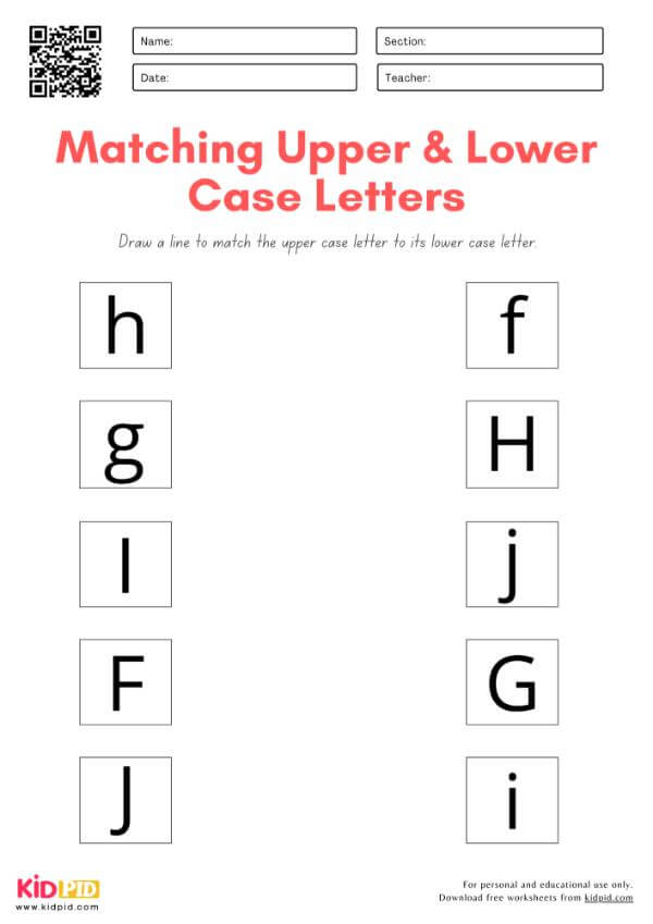 Matching Upper & Lower Case Letters Worksheet for Preschool