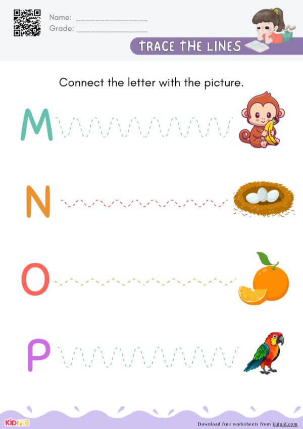 M To P - Trace The Lines to Connect the Letter With the Picture