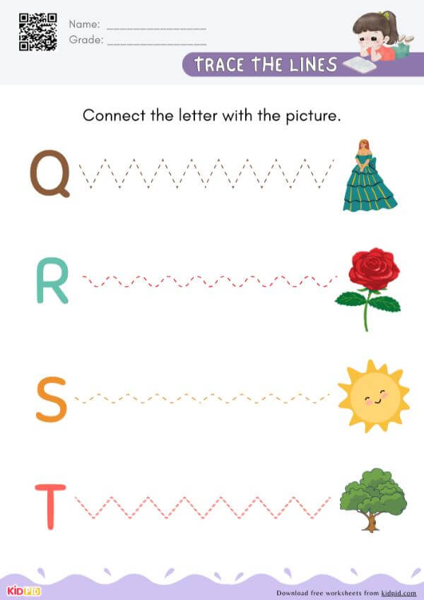Q To T - Trace The Lines to Connect the Letter With the Picture