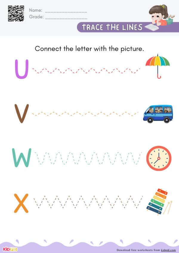 U To X - Trace The Lines to Connect the Letter With the Picture