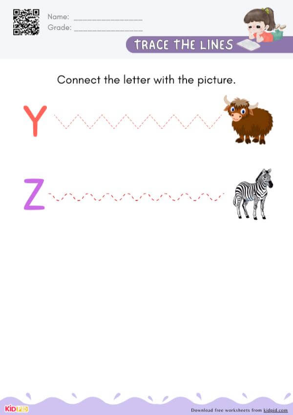 Y To Z - Trace The Lines to Connect the Letter With the Picture